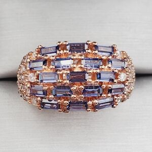 Baguette Tanzanite & Diamond Simulants Rose Gold 925 Sterling Silver Ring